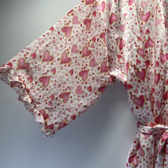 LA Intimates Belted Robe Size L Pink Red Satin Hearts Pockets 3/4 Ruffle Sleeves - Picture 3 of 8